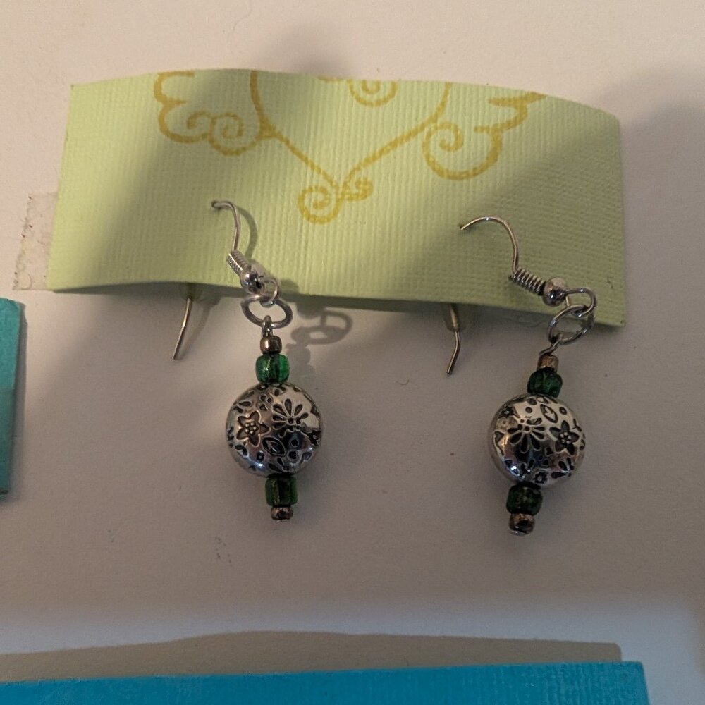 Handmade silver green beaded dangle earrings